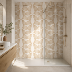 Panneau de douche motif feuilles graphiques modernes beiges mise en situation