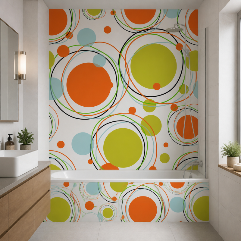 Panneau de douche motif bulles oranges et vertes mise en situation