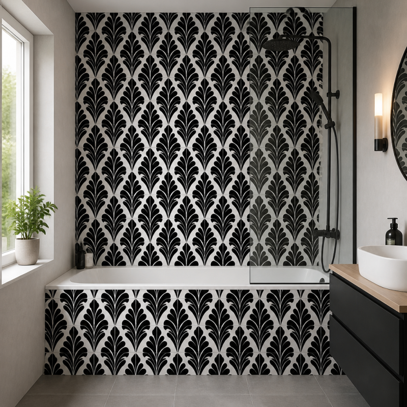 Panneau de douche motif épis de blé noirs mise en situation