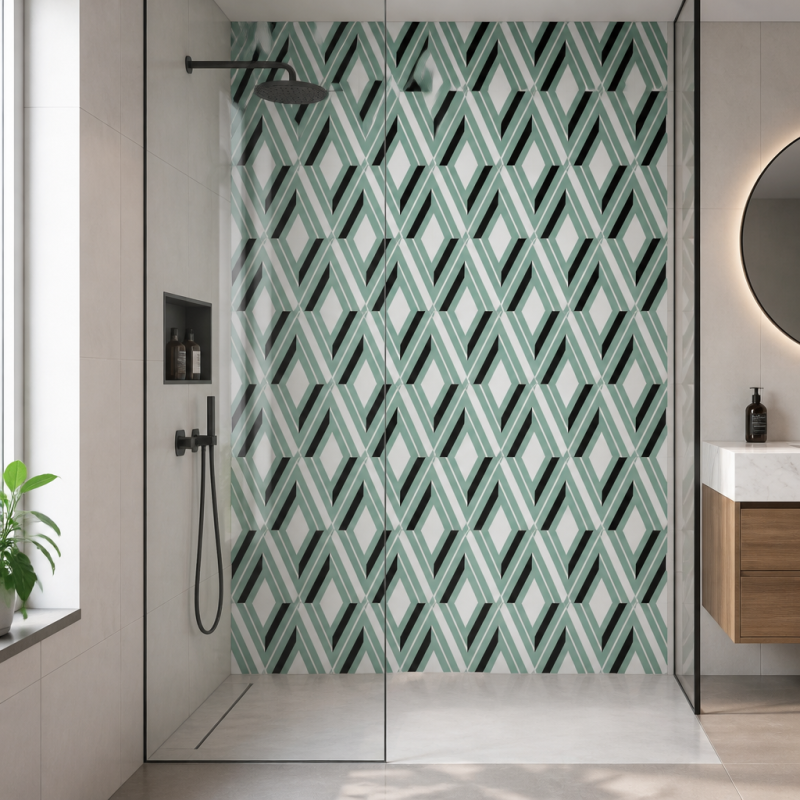 Panneau de douche motif émeraudes géométriques et déco mise en situation