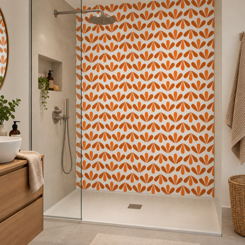 Panneau de douche motif palmette orange terracotta mise en situation
