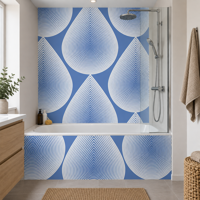 Panneau de douche motif gouttes bleu azur mise en situation