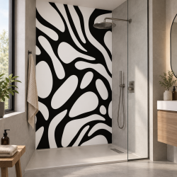 Panneau de douche motif formes organiques noires et blanches mise en situation