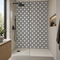 Panneau de douche motif treillis noir et blanc mise en situation