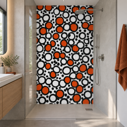 Panneau de douche motif bulles orange corail et blanches mise en situation