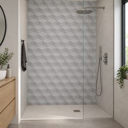 Panneau de douche motif effet 3D géométrique gris mise en situation