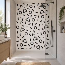Panneau de douche motif éclats de symboles noirs et blancs mise en situation