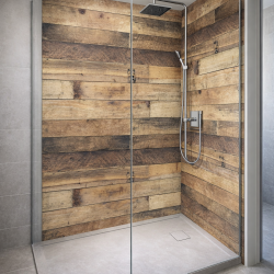 Panneau de douche motif bois rustique mise en situation