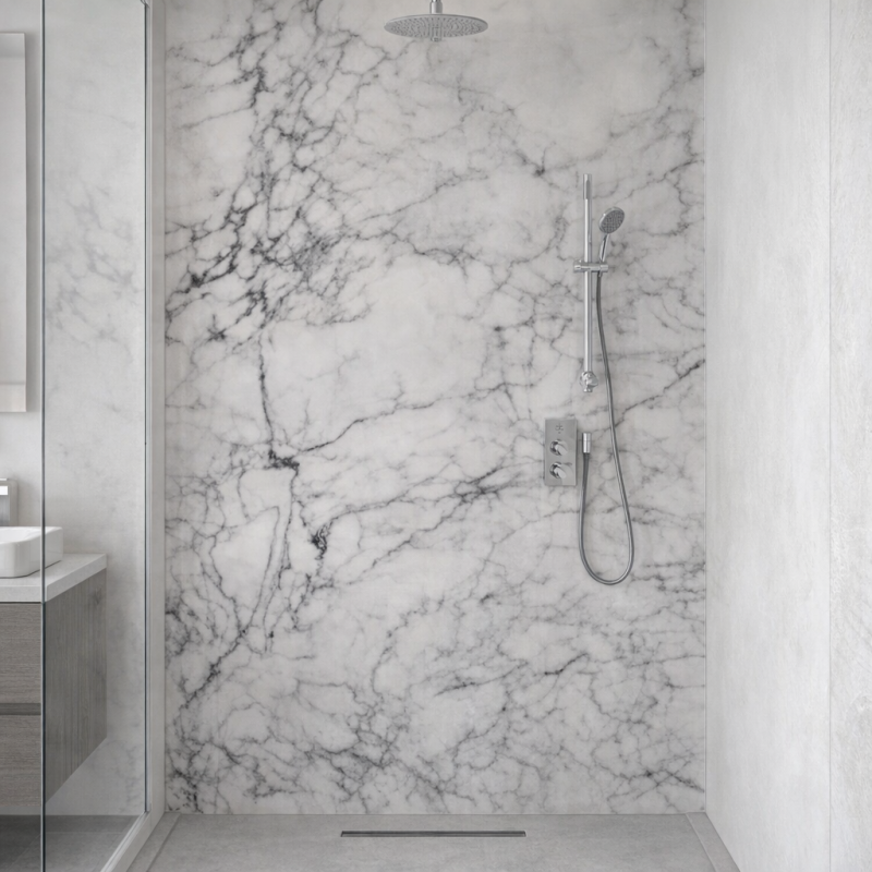 Panneau de douche motif marbre blanc et gris noir mise en situation