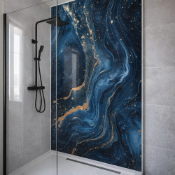 Panneau de douche motif marbre bleu galaxie mise en situation