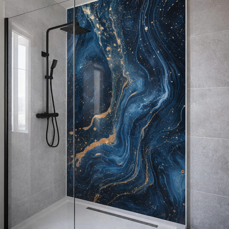 Panneau de douche motif marbre bleu galaxie mise en situation