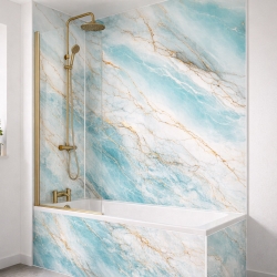 Panneau de douche motif marbre bleu océan et veines ocres mise en situation