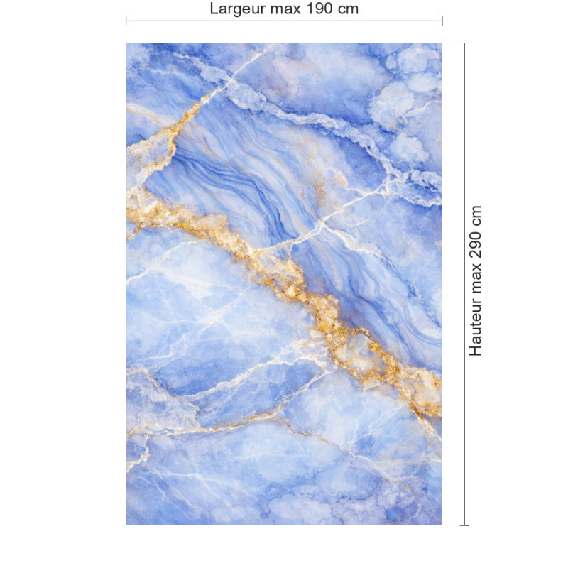 Panneau de douche motif marbre bleu ciel et veines ocres dimensions max 190x290 cm