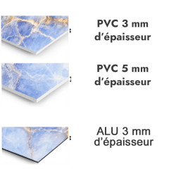 Panneau de douche motif marbre bleu ciel et veines ocres - PVC et ALU épaisseurs