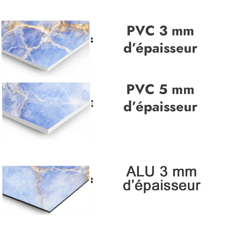 Panneau de douche motif marbre bleu ciel et veines ocres - PVC et ALU épaisseurs