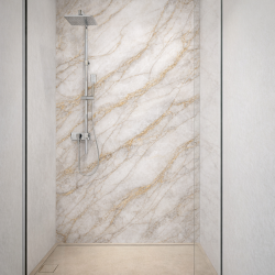 Panneau de douche motif marbre gris et ocre étendu mise en situation