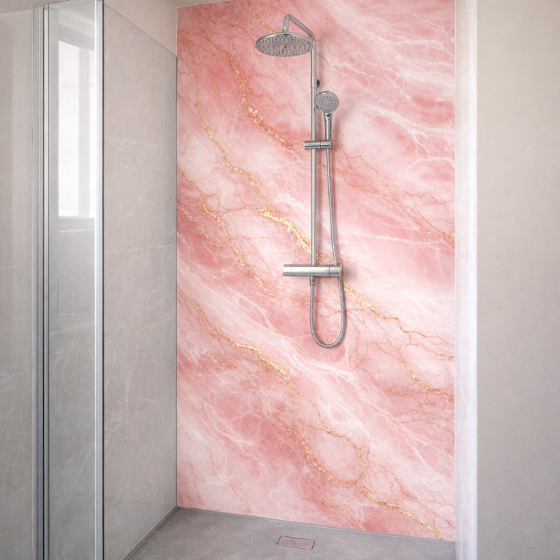 Panneau de douche motif marbre rose gold avec fines veines mise en situation