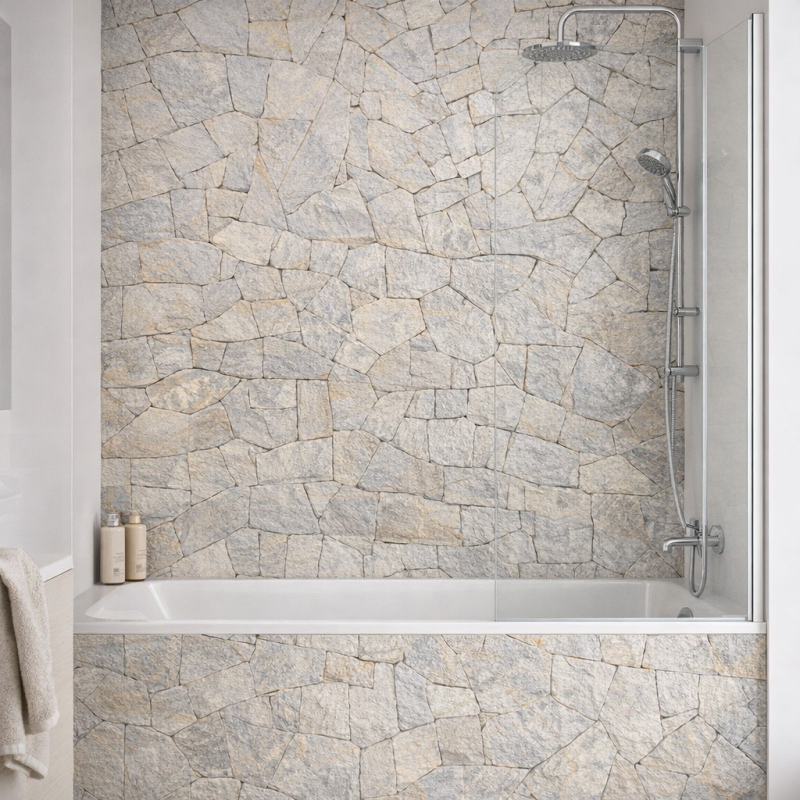 Panneau de douche motif mur de pierres mise en situation
